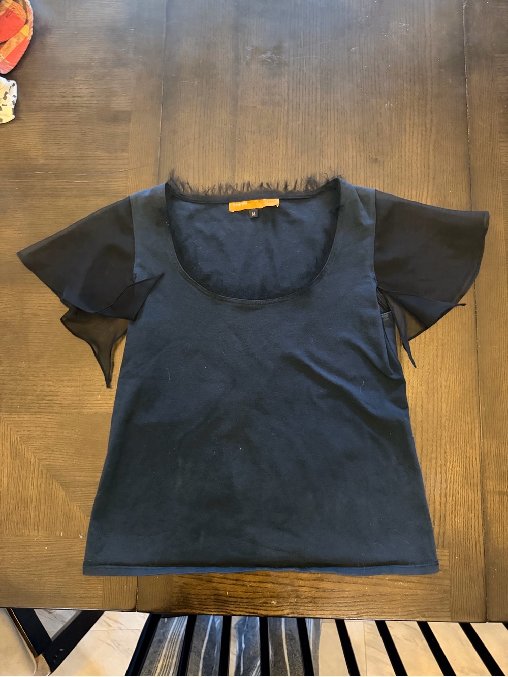 Cynthia Steffe Black Scoop Neck Top with Sheer Flutter Sleeves